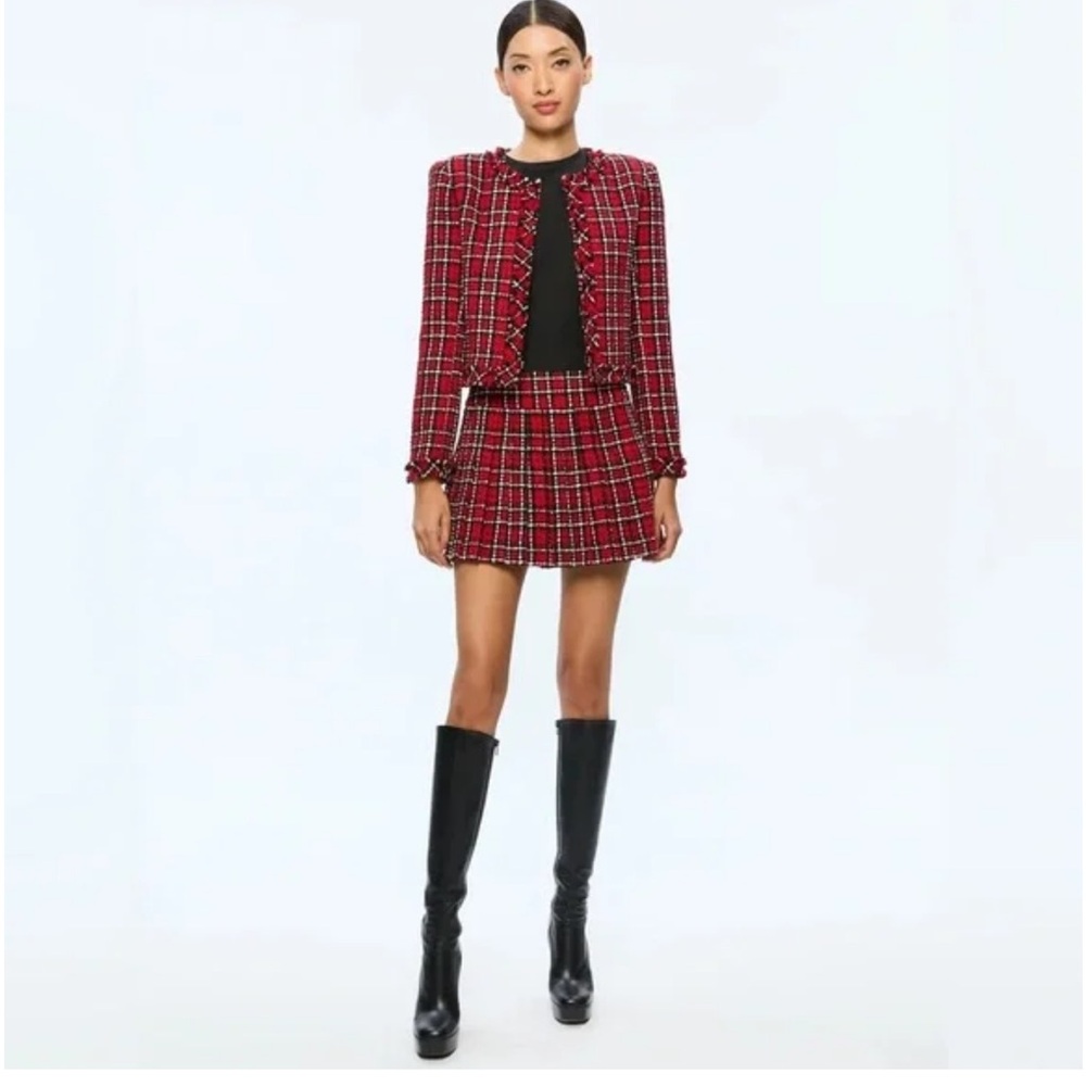 NWT Alice + Olivia Kidman Jacket Red Black Plaid Tartan Size 4 Shoulder Pads